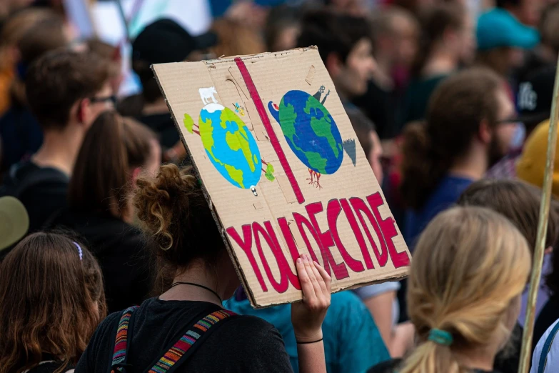 a person holding a cardboard sign in front of a crowd, excessivism, earth covers lightly, jugendstill, mystery code, ecology