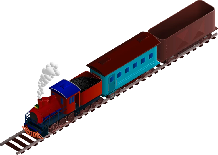 a red and blue train with smoke coming out of it, a digital rendering, polycount, no gradients, ebony, ho scale, toys