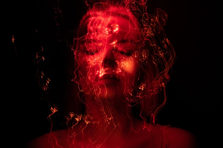 a woman with red lights on her face, by Adam Marczyński, swirls of fire, trapped in my conscious, she is attracting lightnings, red orange lighting