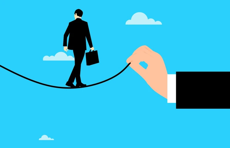 a person walking on a tight rope with a briefcase, a cartoon, trending on pixabay, conceptual art, corporate boss, bridges crossing the gap, created in adobe illustrator, on his right hand
