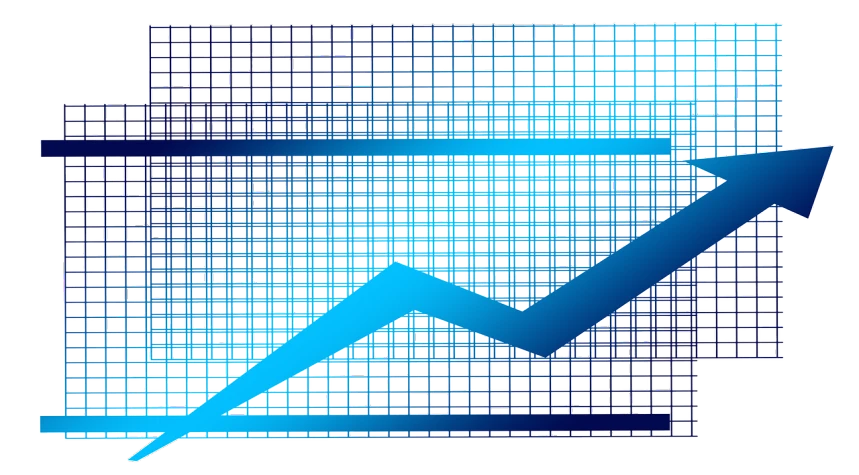 a graph with an arrow pointing upward, by Vladimír Vašíček, computer art, blue metal, detailed grid as background, market, torn mesh