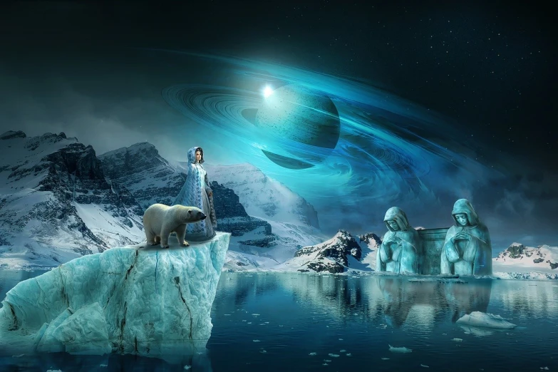 a woman standing on top of an iceberg next to a polar bear, a matte painting, fantasy art, planet with rings, fantasy character photo, harmony of the spheres, cool marketing photo