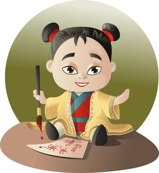 a cartoon character holding a pen and writing on a piece of paper, vector art, inspired by Li Mei-shu, mingei, toddler, ancient china art style, belle, screensaver