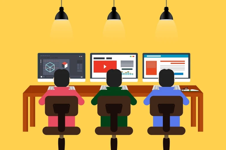 a couple of people that are sitting at a desk, a digital rendering, pixabay, computer art, in a row, on a yellow canva, user interface design, hanging