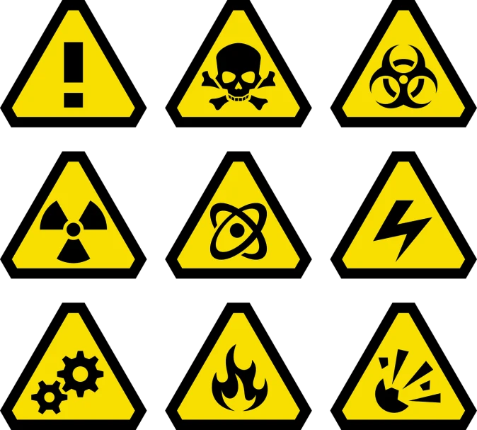 a set of warning signs on a black background, vector art, by Joe Machine, shutterstock, nuclear art, bangkok, worksafe. illustration, triangle, very very happy!