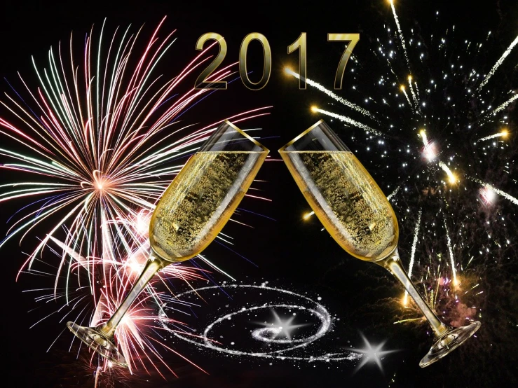two glasses of champagne with fireworks in the background, a picture, by Alexander Fedosav, pixabay, 2 0 1 7, montage, istockphoto, new mexico