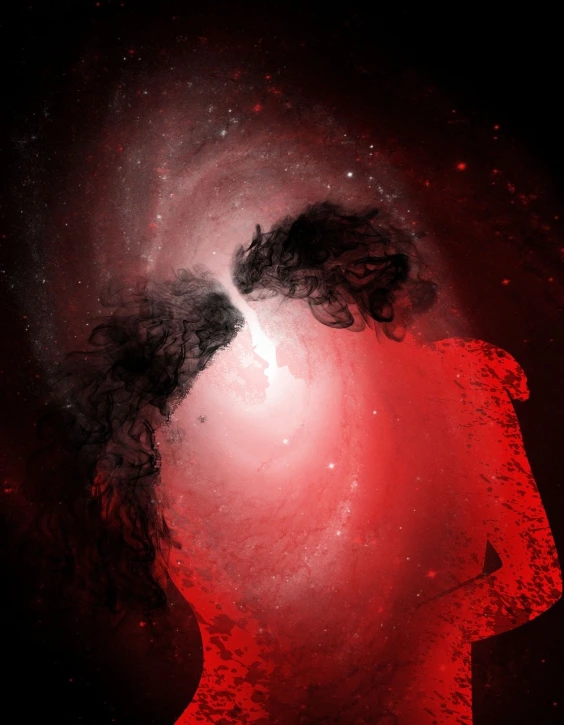 a close up of a person's head with smoke coming out of it, digital art, by Anna Füssli, tumblr, red nebula, is being drawn into a blackhole, gemini star formation, there is space around the figure