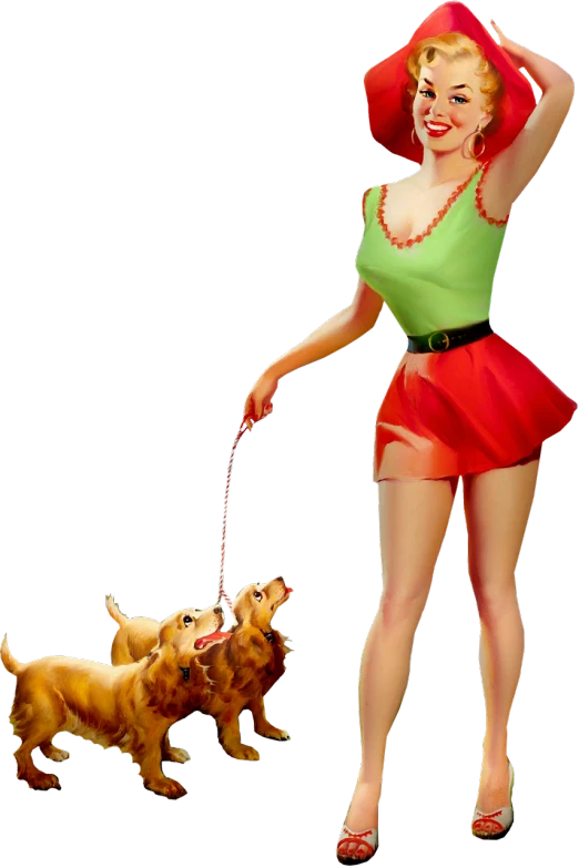 a woman walking a dog on a leash, a digital rendering, inspired by Gil Elvgren, red puppils, ((oversaturated)), very detaile, unknown artist