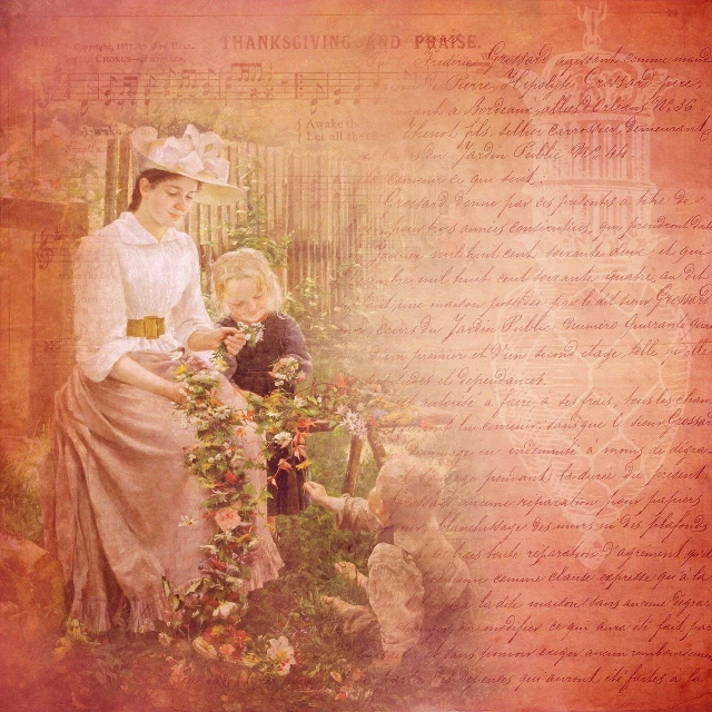 a painting of a woman and two children in a garden, a storybook illustration, inspired by Johanna Marie Fosie, romanticism, vintage color photo, on old paper, in victorian aristocrat, photo of a beautiful