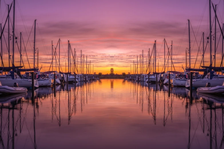 a number of boats in a body of water, by Brad Holland, pexels contest winner, romanticism, violet and yellow sunset, symmetry!! full shot!!, pylons, springtime morning