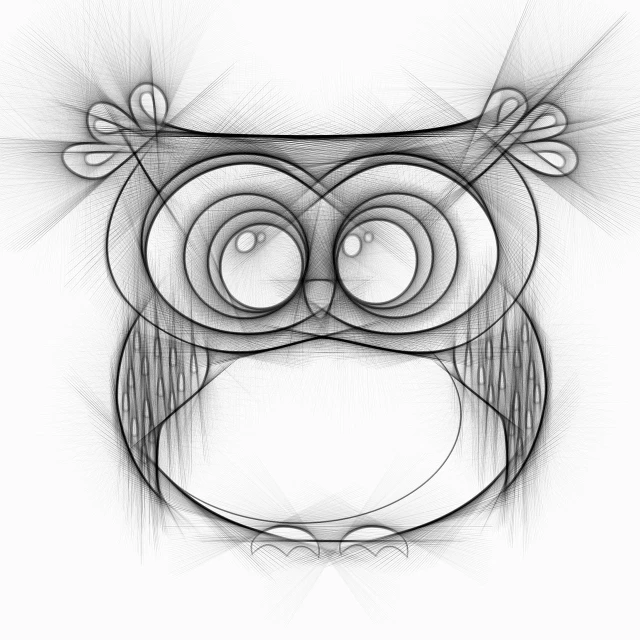 a black and white drawing of an owl, trending on pixabay, generative art, 2 0 5 6 x 2 0 5 6, wireframe, with big eyes, smoky