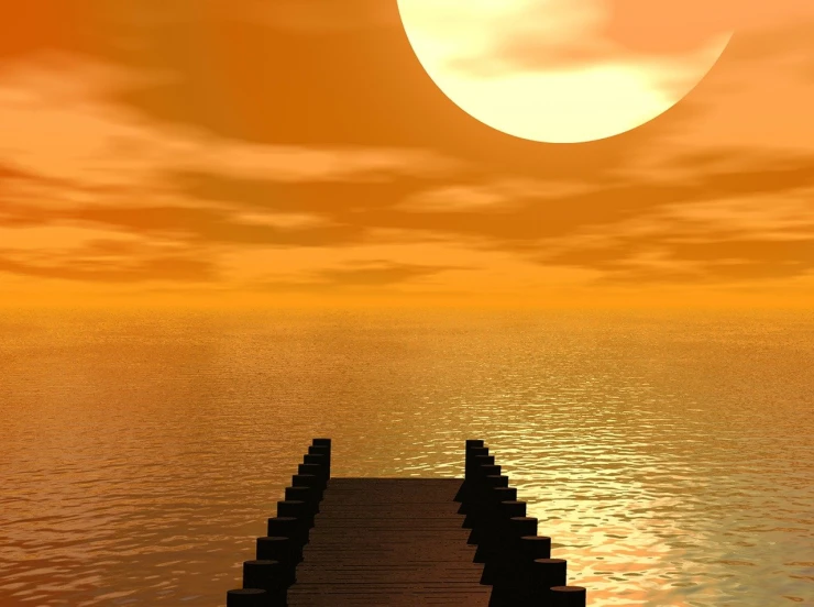 a dock in the middle of a body of water, a digital rendering, by Dave Kendall, flickr, romanticism, orange sun set, high definition 3 d render, stock photo, moon