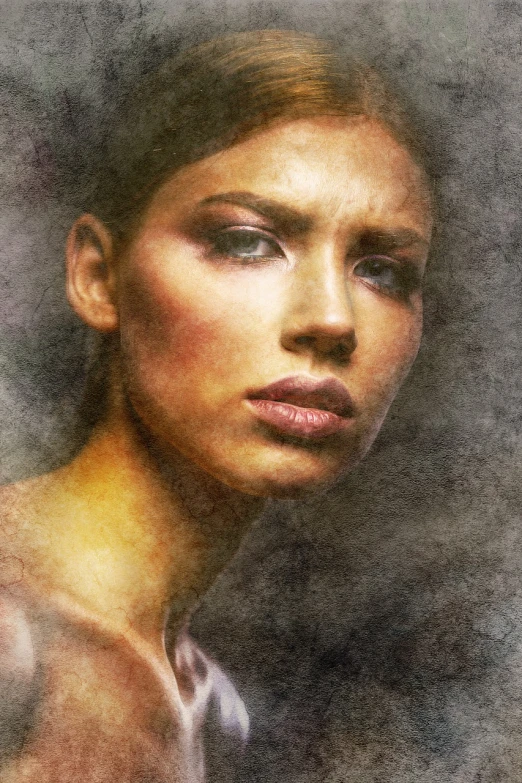 a painting of a woman with a serious look on her face, a digital painting, inspired by Antoni Brodowski, digital art, enhanced photo, texturized, digital art. photo realistic, grungy; oil on canvas