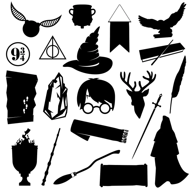 a collection of harry potter silhouettes on a white background, process art, insignia, found objects, black and white color aesthetic, 2 0 s
