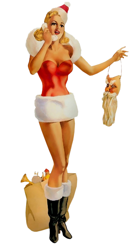 a painting of a woman dressed as a santa clause, concept art, by Art Fitzpatrick, pop art, vintage pin up, the woman holds more toys, full length and white stockings, closeup - view