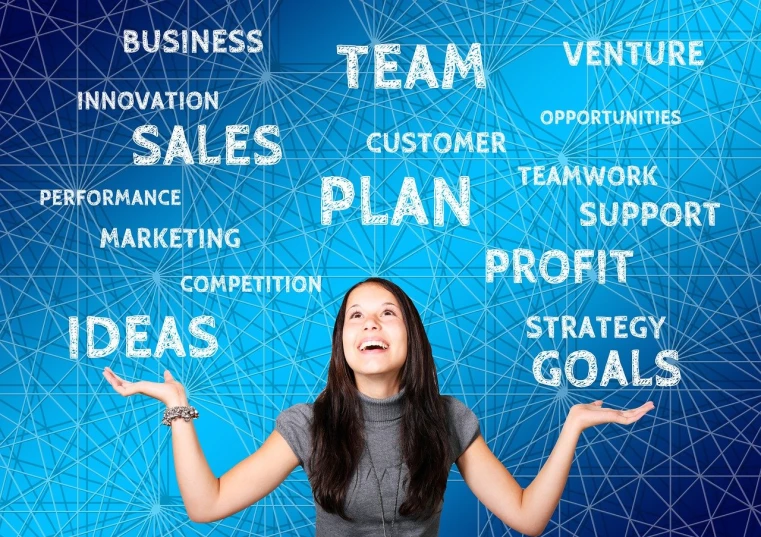 a woman that is standing up with her hands in the air, a diagram, sales, words, plan, group photo