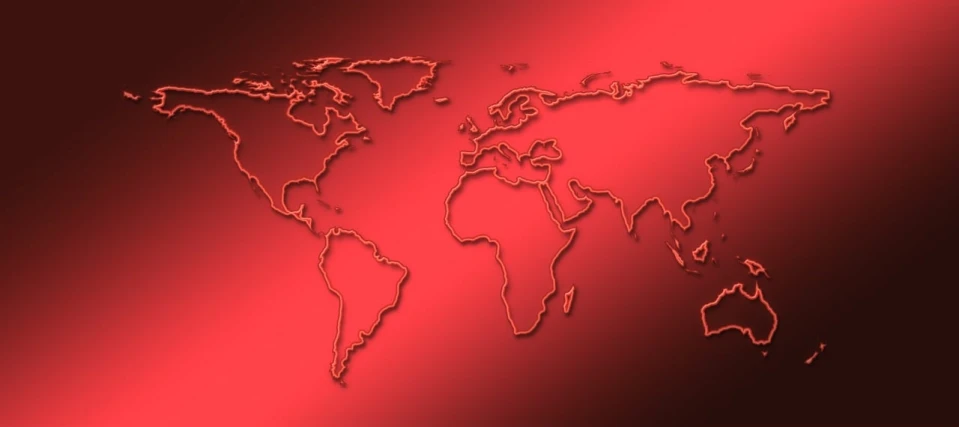 a map of the world on a red background, a digital rendering, by Dan Christensen, digital art, mid shot photo, crisp smooth lines, pc wallpaper, red painted metal