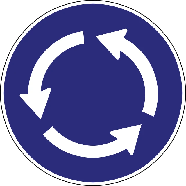 a blue circular sign with arrows in it, vectorised, driver, cycles, russ abbott
