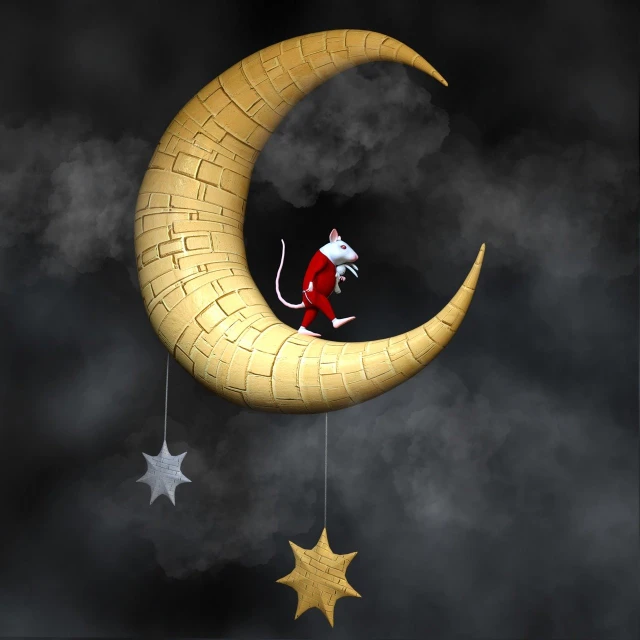 a mouse that is sitting on a crescent, inspired by Catrin Welz-Stein, pixabay contest winner, high quality fantasy stock photo, santa, moonwalker photo, in style of 3d render