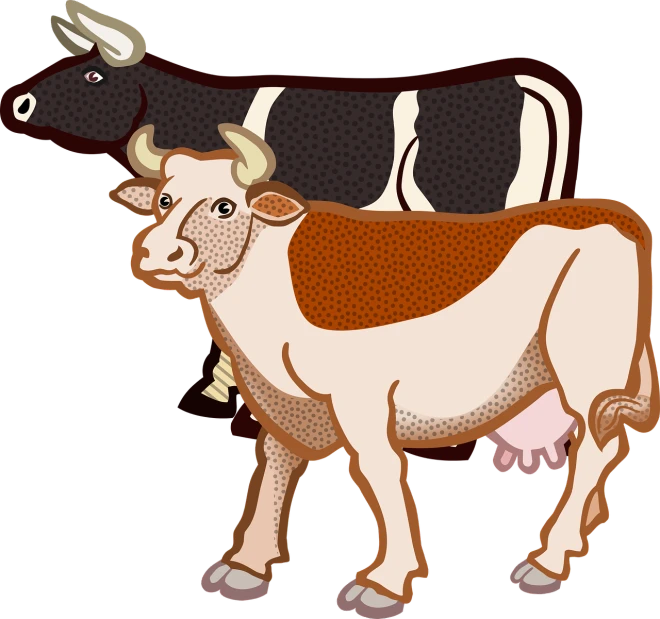 a brown and white cow standing next to a black and white cow, a digital rendering, by Francesco del Cossa, pixabay, mingei, fully colored, right side composition, full color illustration, that resembles a bull\'s