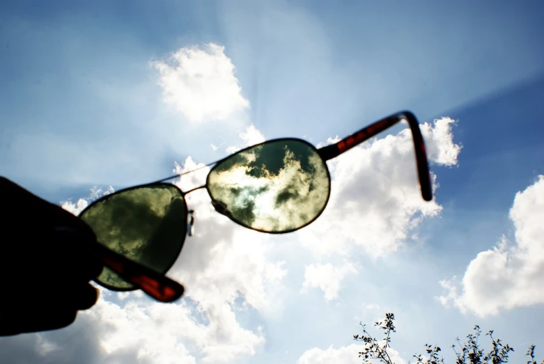 a person's hand holding up a pair of sunglasses, a picture, by Jan Rustem, sun shining through clouds, istockphoto, green shades, 3/4 view from below