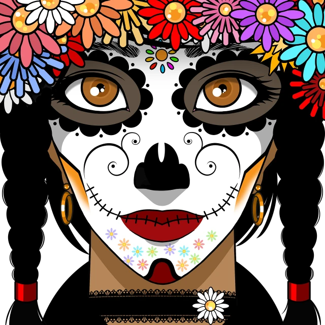 a drawing of a woman with flowers in her hair, vector art, inspired by Frida Kahlo, toyism, white skeleton face, full - face close - up portrait, carnival mask, details and vivid colors