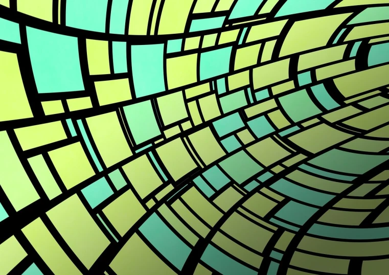 a green and black abstract background with squares, a digital rendering, by Jon Coffelt, abstract illusionism, stained glass futuristic church, curved perspective, background yellow and blue, iphone photo