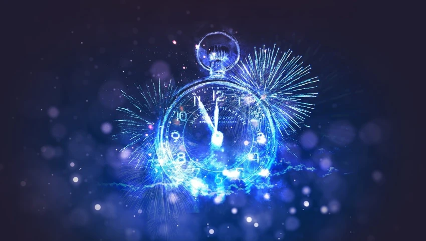 a close up of a clock with fireworks in the background, a digital rendering, by Adam Marczyński, shutterstock, digital art, ice cold blue theme, new years eve, background image, packshot