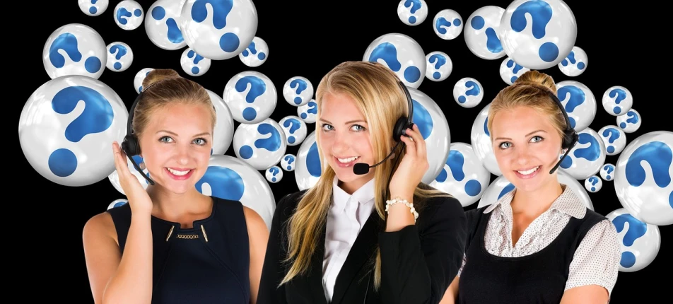 a group of women standing next to each other, trending on pixabay, digital art, wearing headset, metaballs, call now, blue white colors