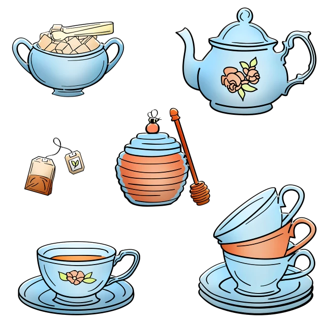 a collection of tea cups and saucers, a digital rendering, process art, on a flat color black background, blue woodcut print cartoon, honey, high detail illustration