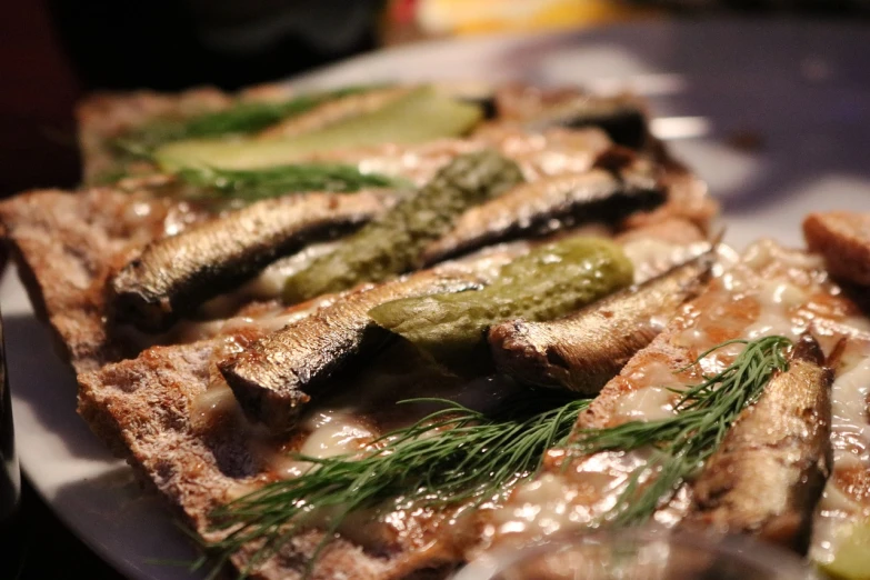 a close up of a plate of food on a table, by Maksimilijan Vanka, sardine in a can, pickles, molten, recipe