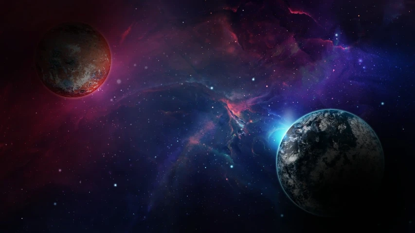 a couple of planets that are in the sky, digital art, by Zahari Zograf, pexels contest winner, space art, red and purple nebula, galactic dark colors, mini planets, wallpaperflare