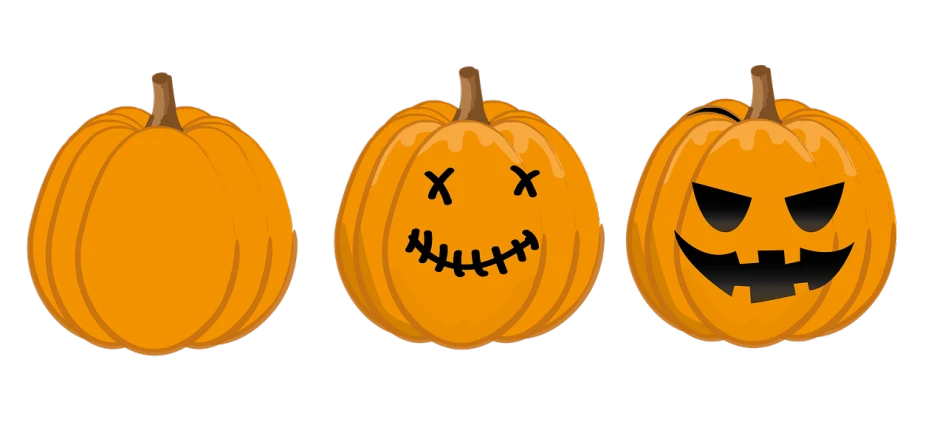 three pumpkins with faces drawn on them, vector art, by Joseph Pisani, pixabay, vanitas, with a black background, in a row, cross-eyed, panel