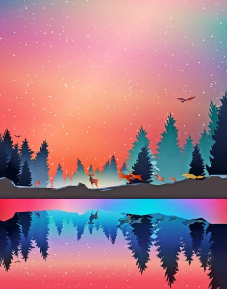 a couple of birds flying over a body of water, an illustration of, shutterstock, winter forest, layers of colorful reflections, star, poster illustration