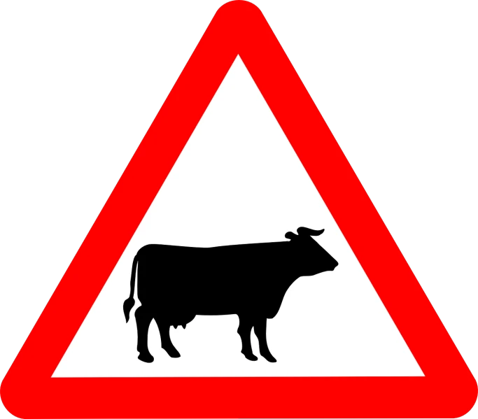 a red and white triangular sign with a cow on it, pixabay, a dark, big!!!!!!!!!!!!, traffic signs, stew