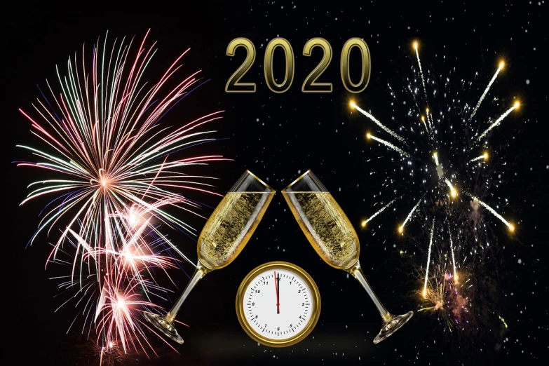 two glasses of champagne and a clock with fireworks in the background, by Teresa Fasolino, pixabay, photo taken in 2 0 2 0, 2 0 2 0 s promotional art, istockphoto, photograph taken in 2 0 2 0