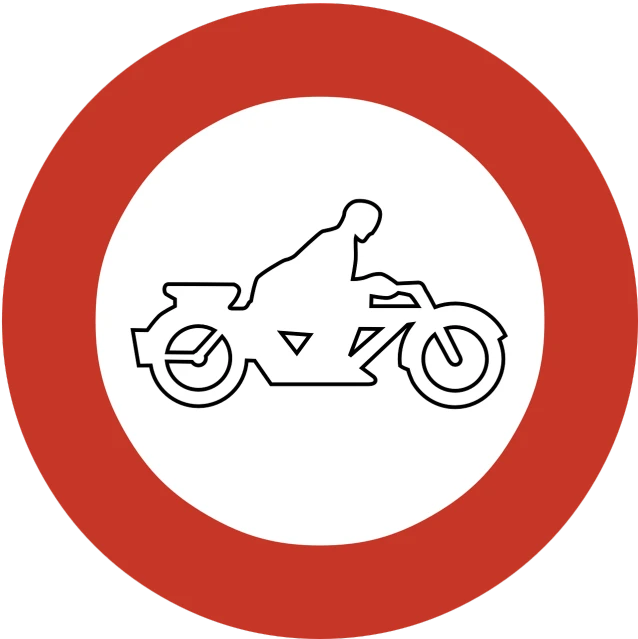 a red and white sign with a picture of a person riding a motorcycle, by Zoran Mušič, pixabay, conceptual art, all enclosed in a circle, clean line art, emergency countermeasures, speeder