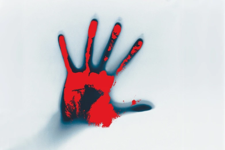 a close up of a person's hand with blood on it, a digital rendering, striking colour, five fingers, murder, press