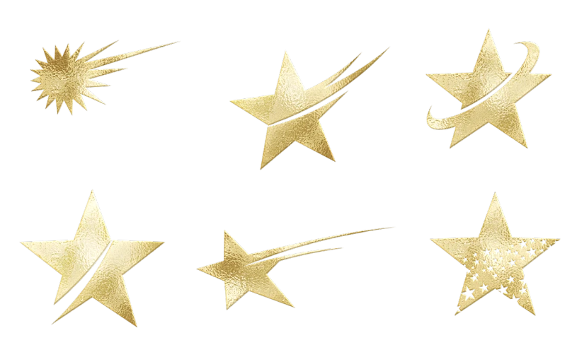 a collection of gold stars on a black background, swoosh, stippled, metallic arrows, star walk