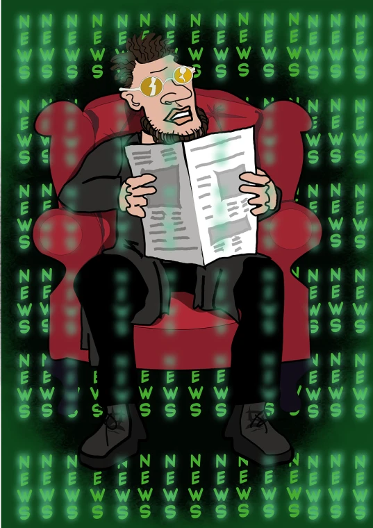 a man sitting in a chair reading a newspaper, a hologram, deviantart contest winner, neo-dada, covered in runes, george carlin, svg comic style, newsweek