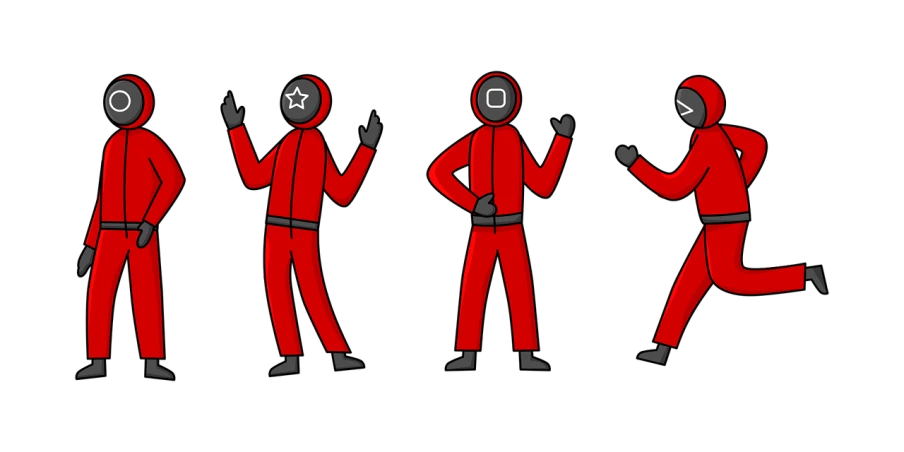 a group of people in red suits standing next to each other, inspired by Ivan Generalić, flickr, digital art, various action poses, spacesuit with small led lights, icon style, gray black white and red noir