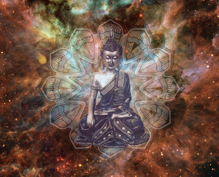 a picture of a person sitting in a lotus pose, a digital rendering, psychedelic art, outer space nebula background, a beautiful buddhist mandala, intricate galaxy inlay, the buddha