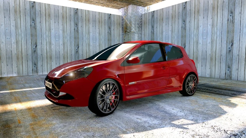 a red car is parked in a garage, a 3D render, inspired by Bernardo Cavallino, photorealism, renault ultimo, an insane, octane render h 1024