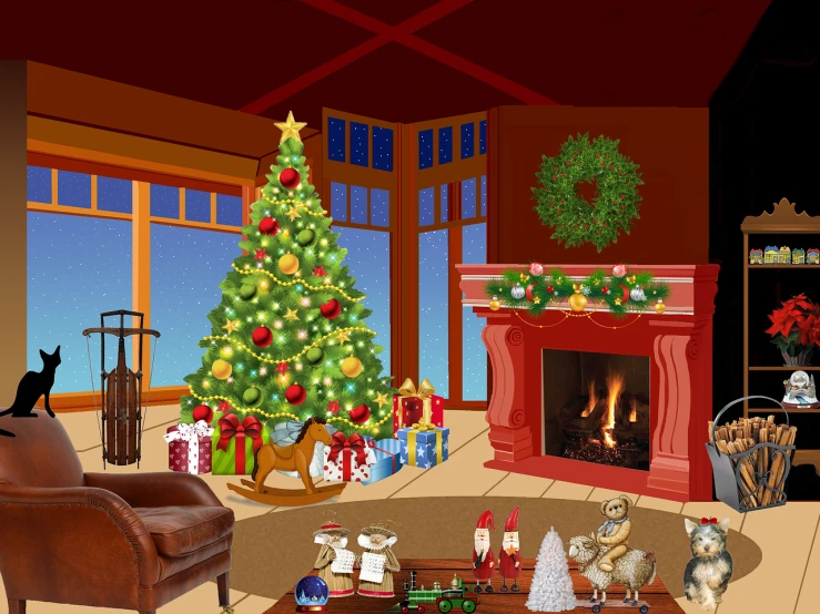 a living room filled with furniture and a christmas tree, a digital rendering, naive art, card game illustration, traditional fireplace, high res, a beautiful artwork illustration