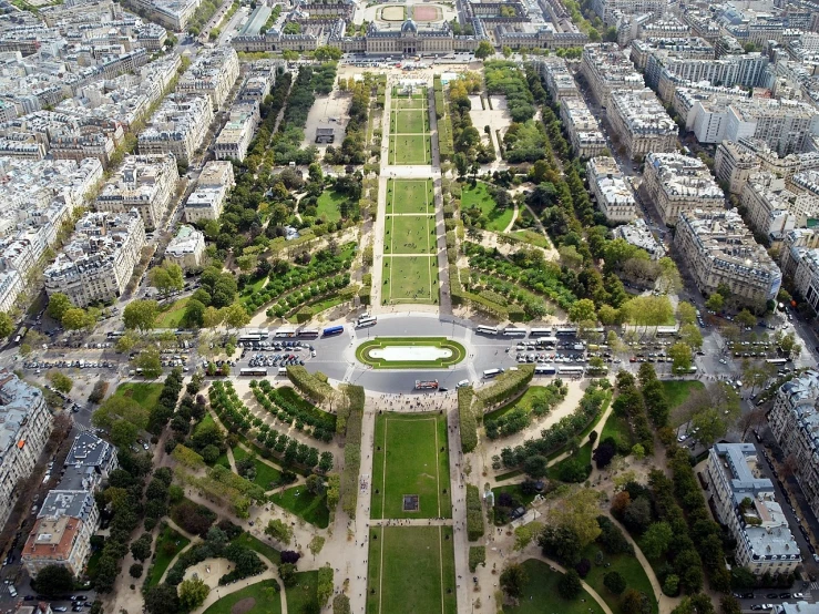 an aerial view of the eiffel tower in paris, by Etienne Delessert, formal gardens, high quality photo, long view, wtf