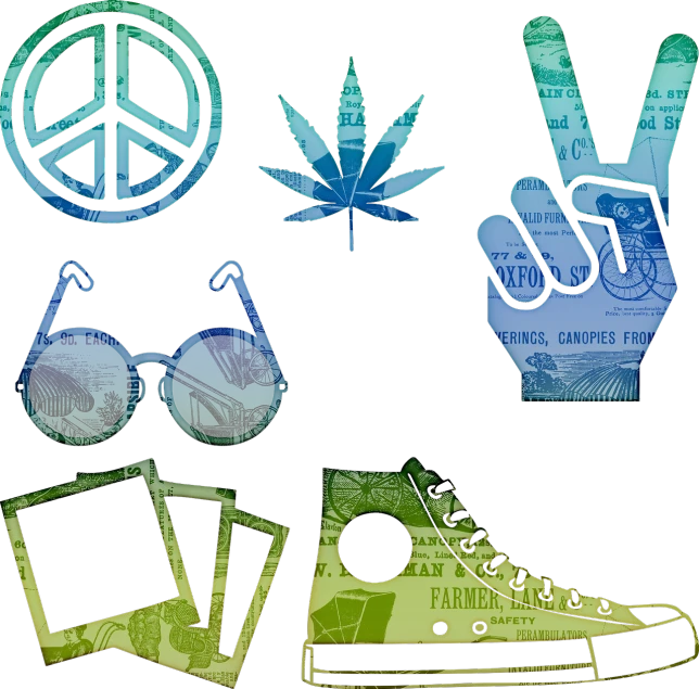 a close up of various items on a black background, vector art, inspired by Victor Moscoso, trending on pixabay, funk art, hemp, peace sign, blue - print, grungy