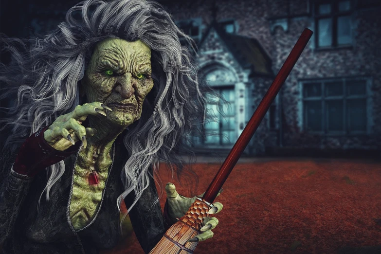 a close up of a person holding a stick, digital art, zbrush central contest winner, mrs doubtfire as a witch, hellish background, ultra detailed haunted house, green orc female