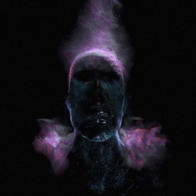 a man with smoke coming out of his head, by Anna Füssli, digital art, glowing magenta face, volumetric dust, dark ambient album cover, a portrait of an android