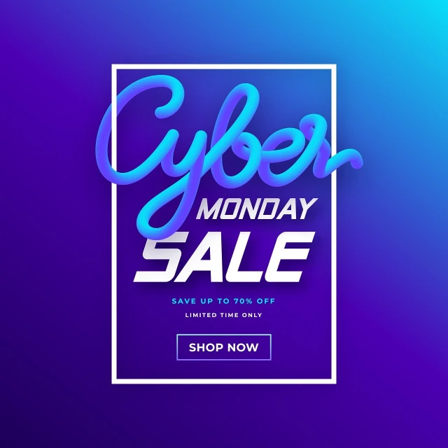 a poster with the words cyber monday sale on it, digital art, blue purple gradient, vector graphics with clean lines, 3d flat layered paper shadow box, above side view