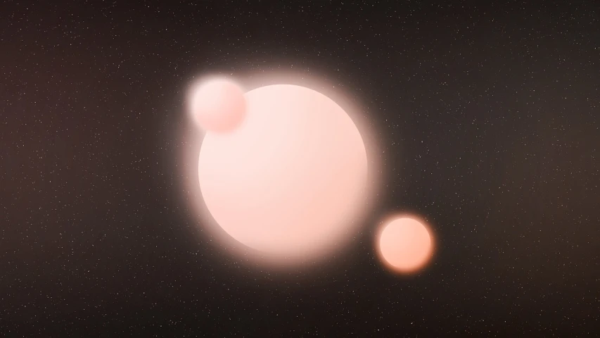 a couple of planets that are in the sky, digital art, the sky is a faint misty red hue, concept illustration, opal flesh, star shining in space